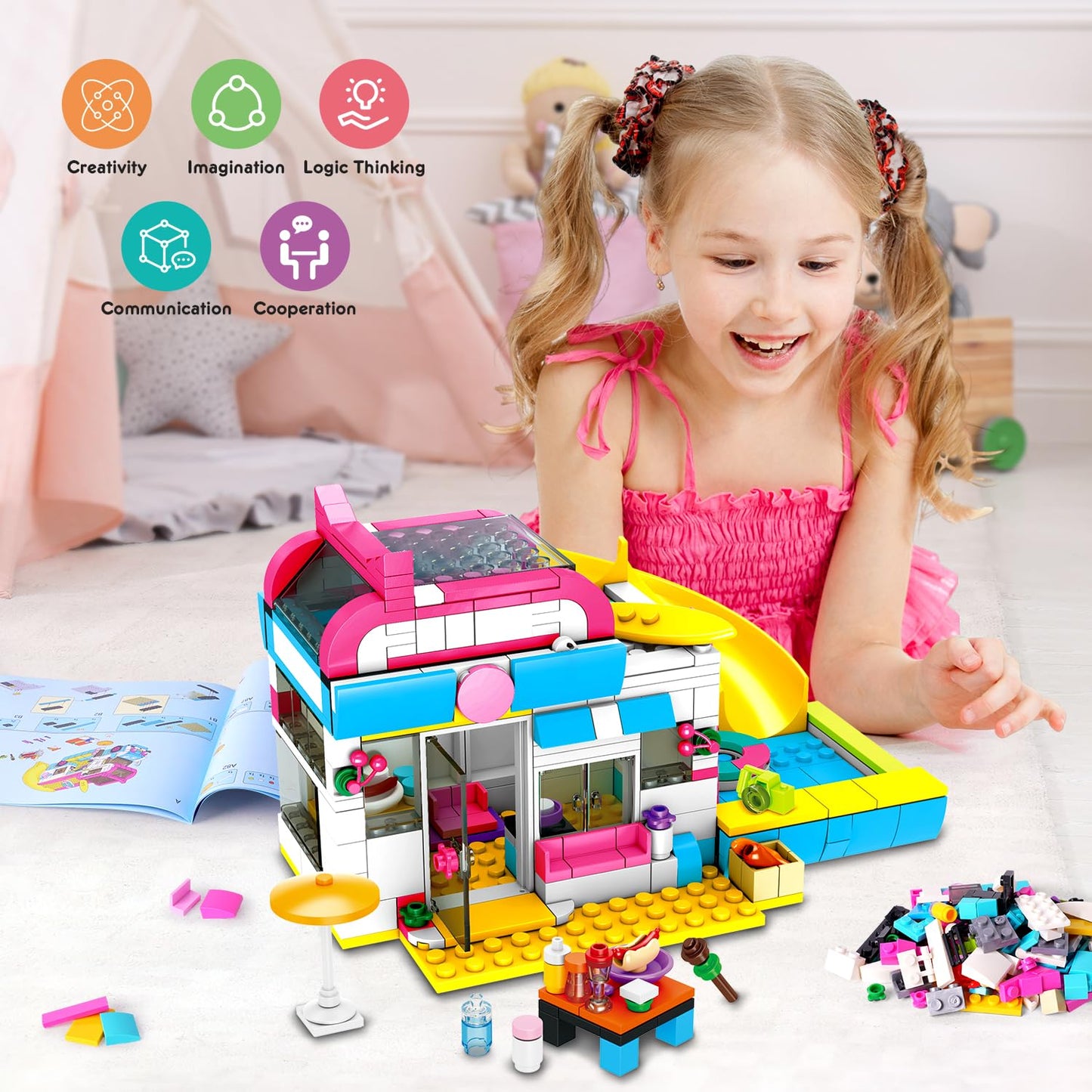 Hogokids 3-In-1 Girls Camper Van Building Set - 494Pcs Summer Beach Camping Building Blocks Sets | Food Truck Building Toys With Slide And Stickers | Gifts For Girls Boys Age 6 7 8 9 10 11 12+