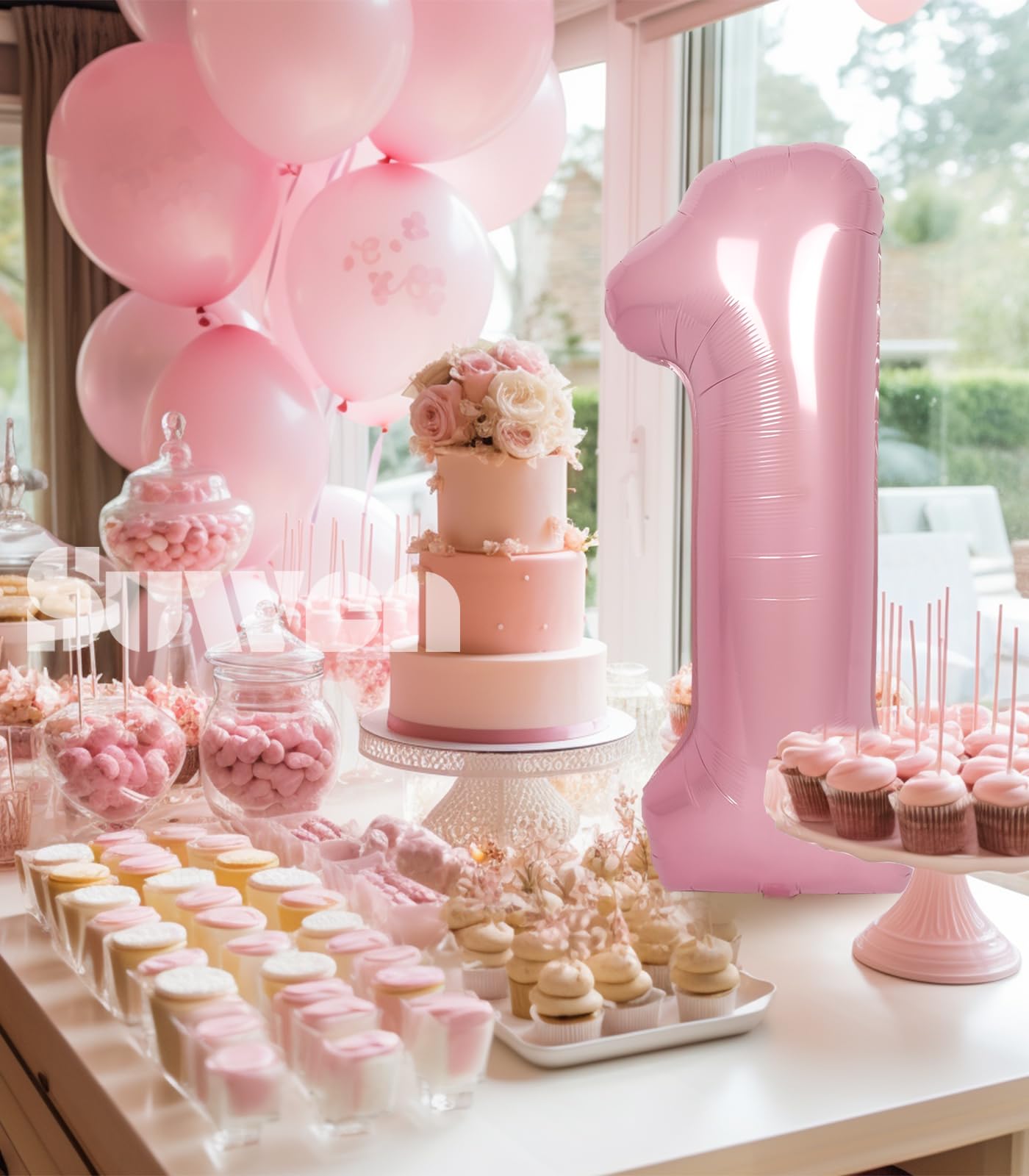 Suwen 40 Inch Pink Large 1 Balloon Numbers Big Foil Helium Number Balloons 0-9 Jumbo Happy 1St Mylar Birthday Party Decorations