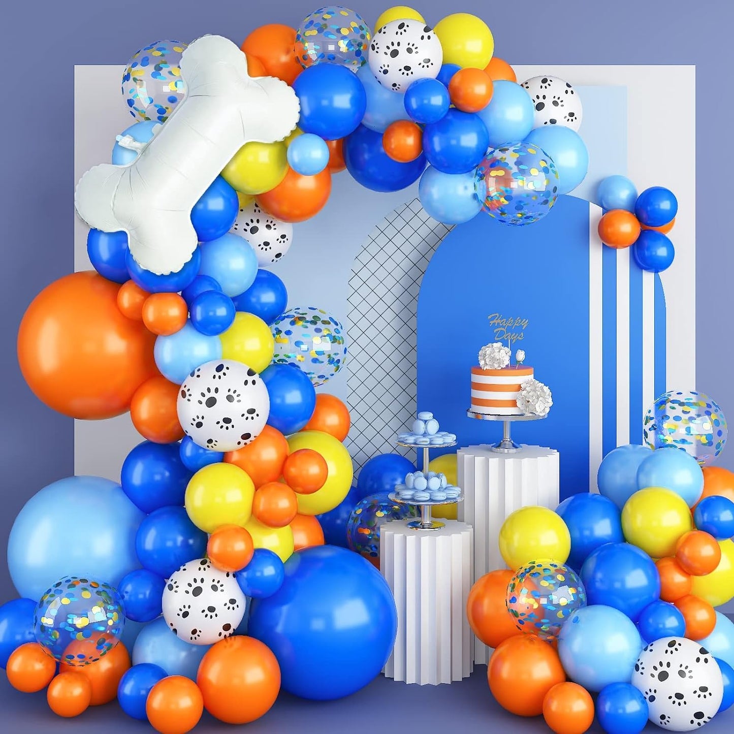 Dog Paw Balloon Arch, 105 Pcs Blue And Orange Paw Print Balloons Garland Kit, Big Bone Foil Balloon Orange Blue Confetti Balloon