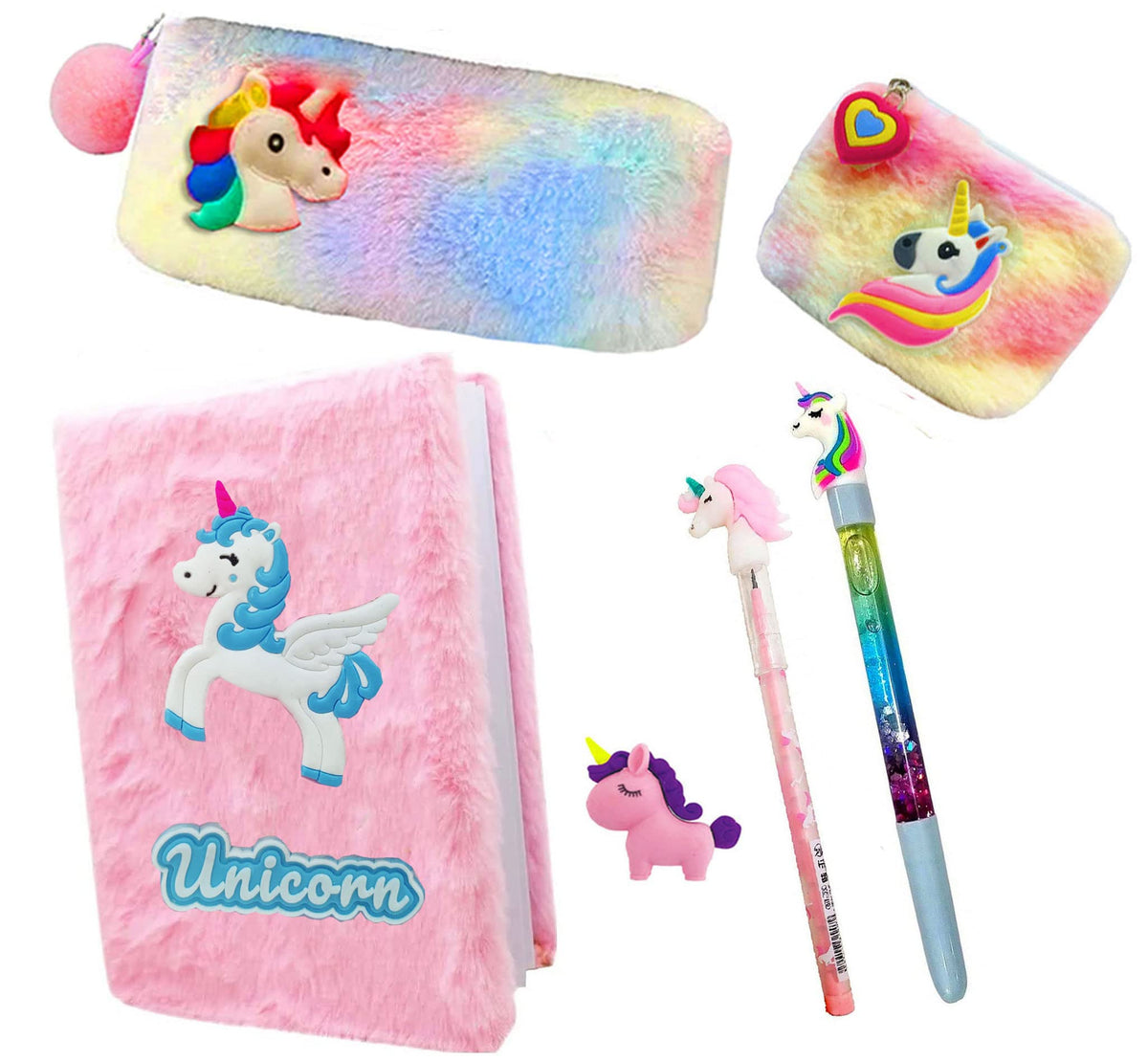 Neel Pack Of 6 Unicorn Stationery Set School Supplies Stationery Diary, Pen, Pencil, Eraser, Pencil Pouch And Fur Coin Pouch Bes