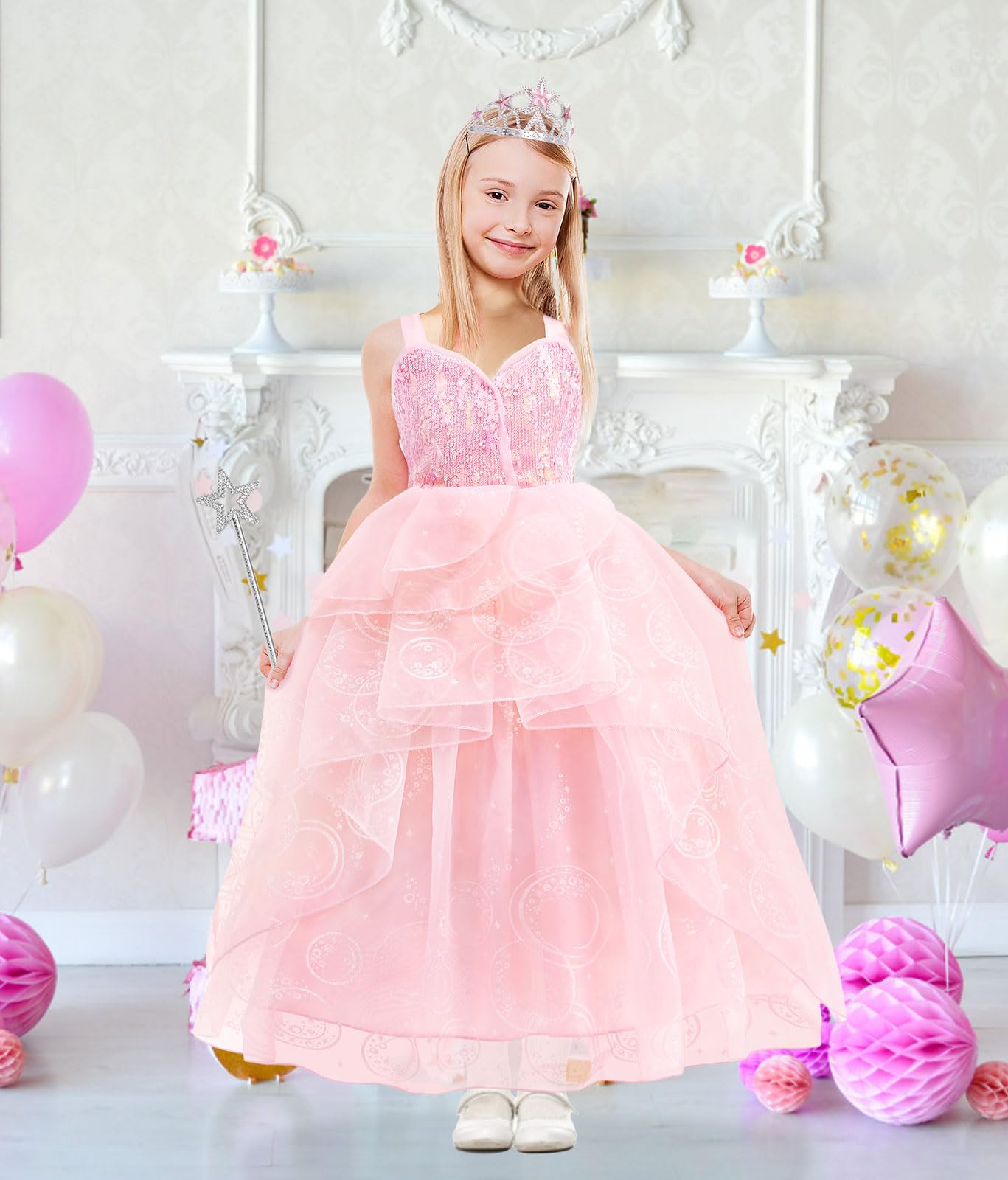 ODESABO Pink Witch Costume for Girls with Crown and Wand Halloween Costume for Kids The Good Witches Princess Dress Up (7-8 Years)