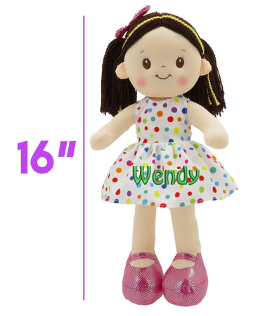 Personalized Rag Dolls for Girls - Custom 16 Inches Soft Plush Snuggle Baby Doll for Toddlers Stuffed Toys - Muecas de Trapo Personalizadas para Nias - Colorful Polka Dot Dress