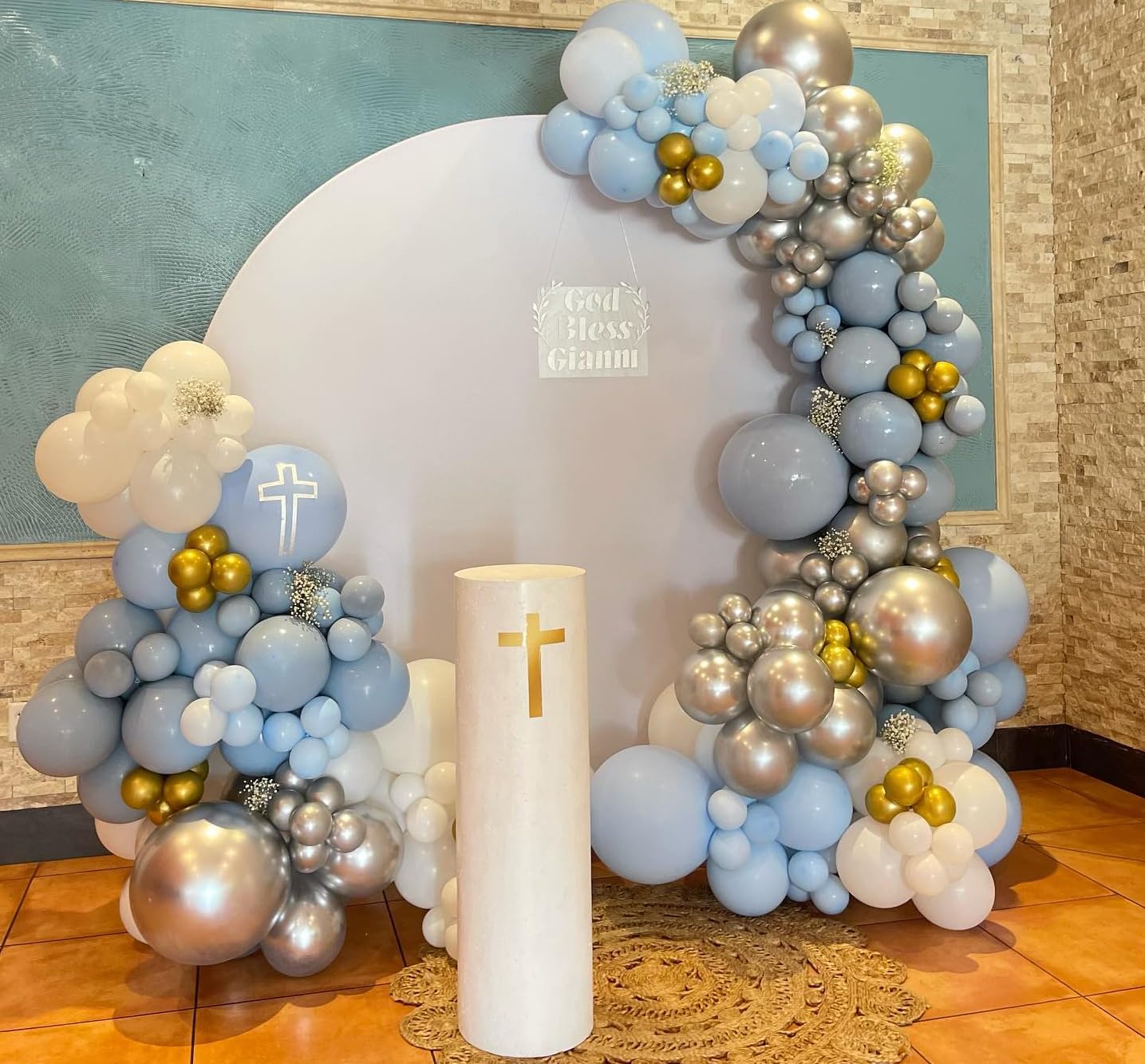 125 Pcs Blue And White Balloon Arch Kit, Light Baby Blue Balloon Garland Kit With Metallic Gold Balloons Nude White Latex Matte