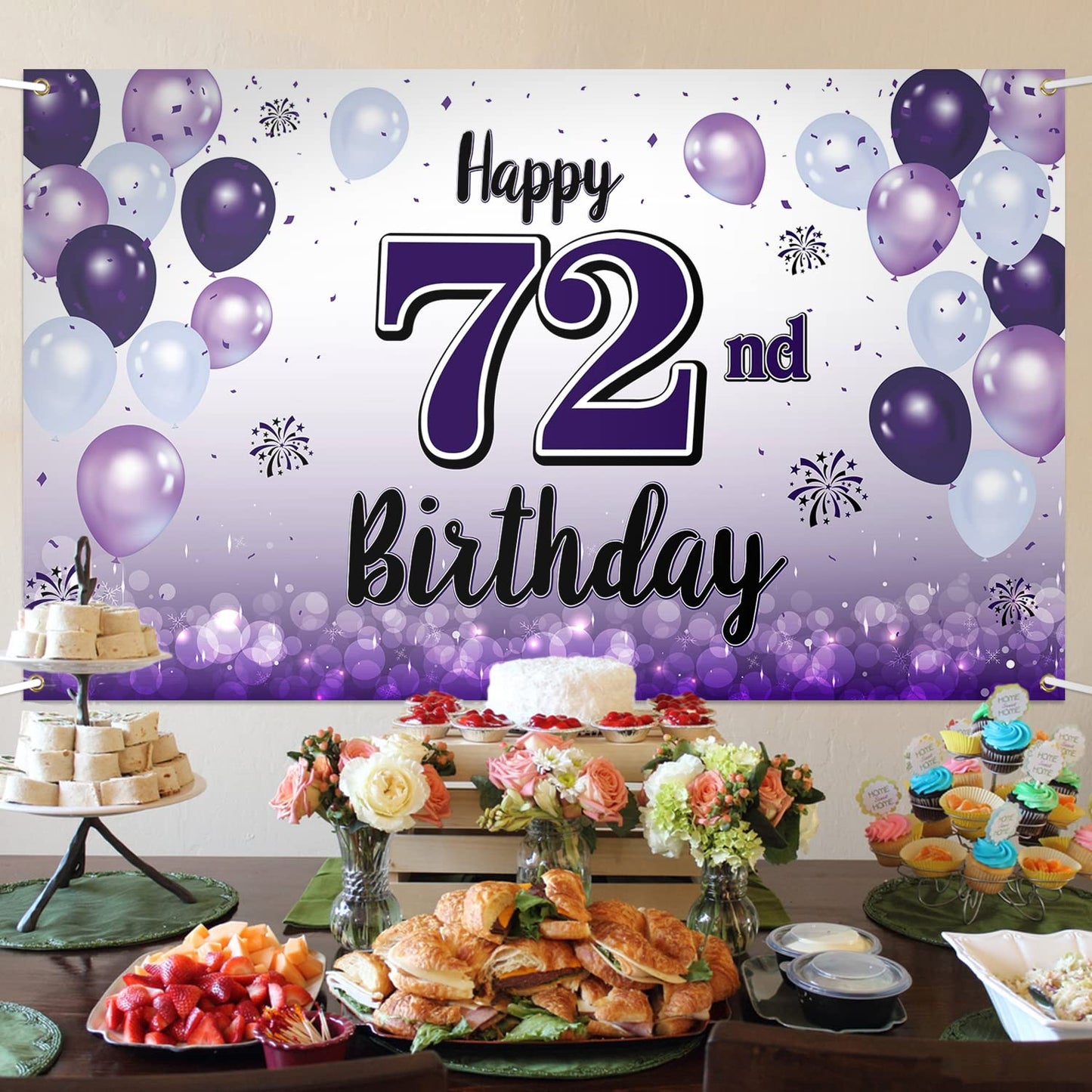LASKYER Happy 72nd Birthday Decorations,72nd Purple Balloon Large Birthday Banner Backdrop Sign,72 Years Old Bday Party Supplies