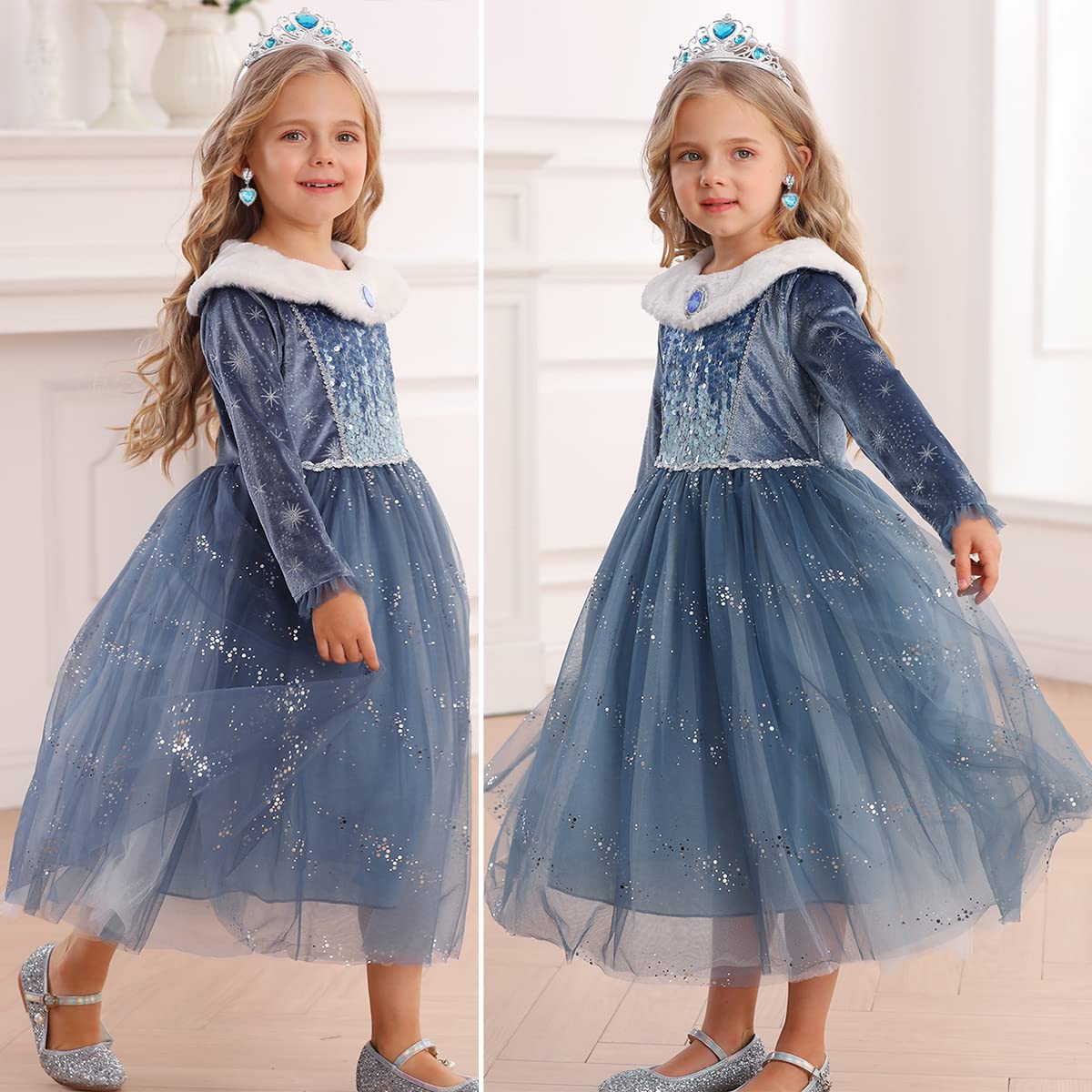 Luzlen Toddler Snow Princess Costume Girls Blue Queen Dress For Halloween Christmas Cosplay Party Outfits, 6-7Y(Tag 140)