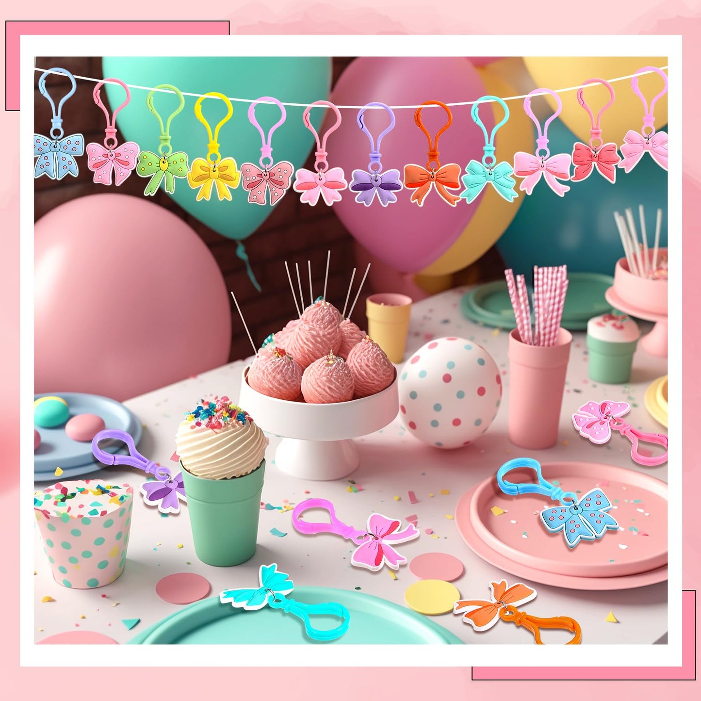 Jadive 48 Pack Pastel Bow Keychains Bulk Coquette Cheer Party Favors Pink Bow Theme Birthday Party Supplies Gifts for Kids Girls