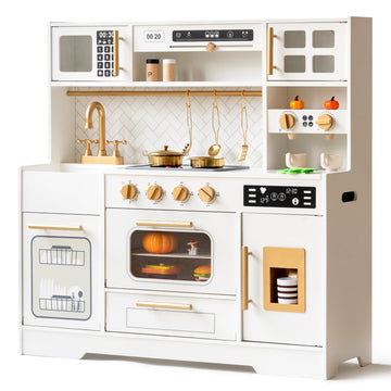 Interactive Wooden Play Kitchen Set For Kids Realistic Features With Extended Storage And 15 Kitchen Accessories, Ideal Pretend 