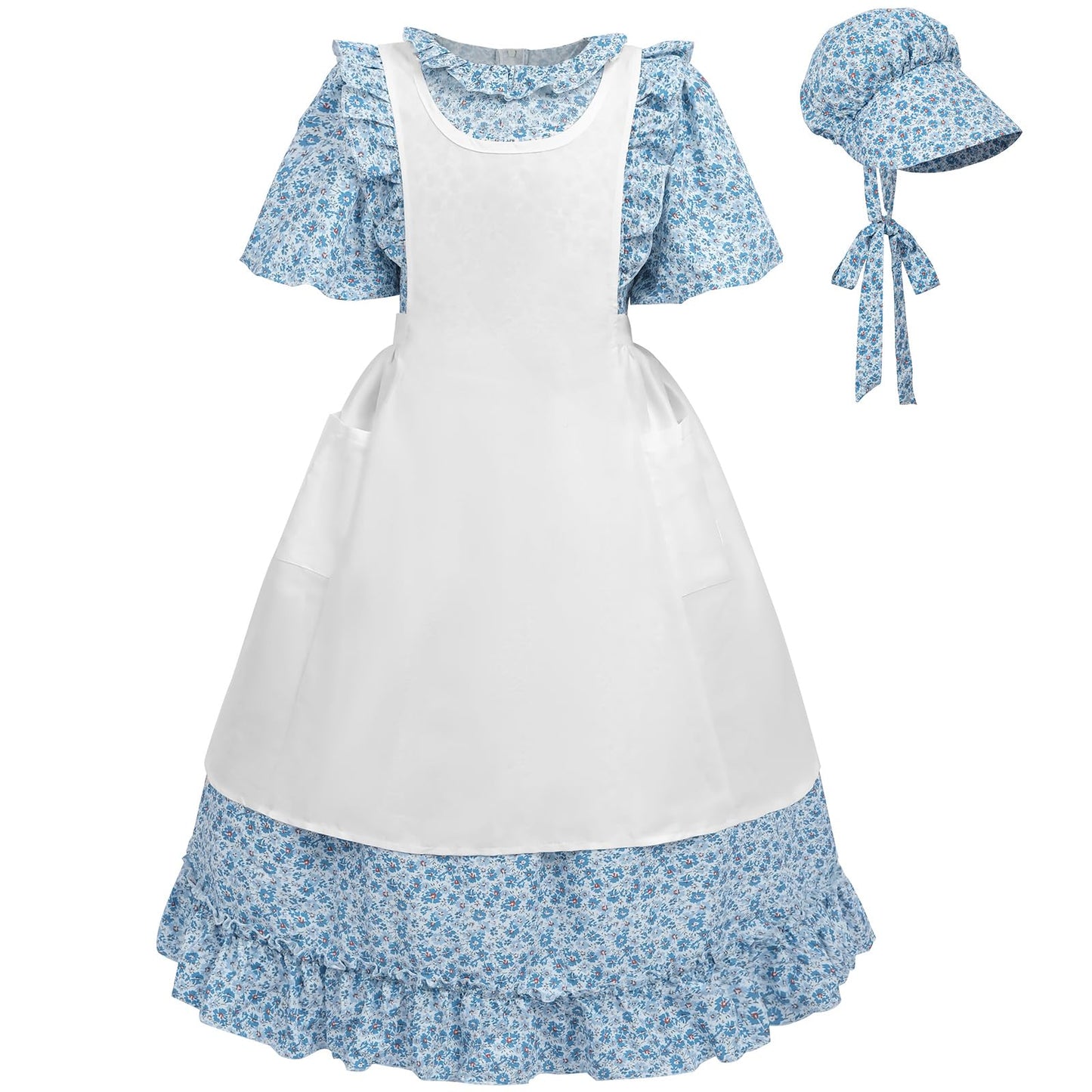 Fccam Colonial Pioneer Dresses For Girls Short Sleeve Floral Prairie Costume Blue M