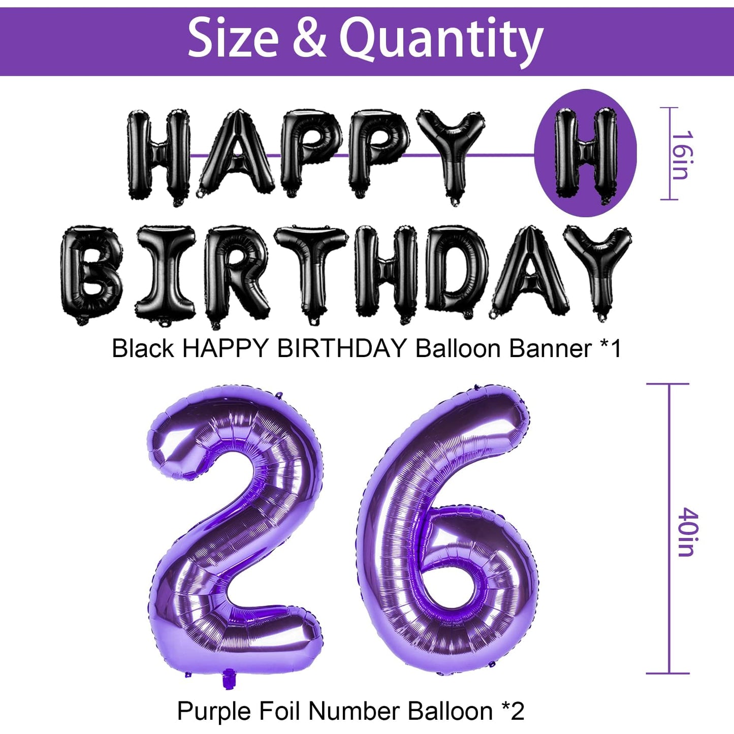 Naninuneno 26Th Birthday Decorations Set For Girl Women Boy Men,Purple Black 26 Happy Birthday Balloons Supplies With Purple Num