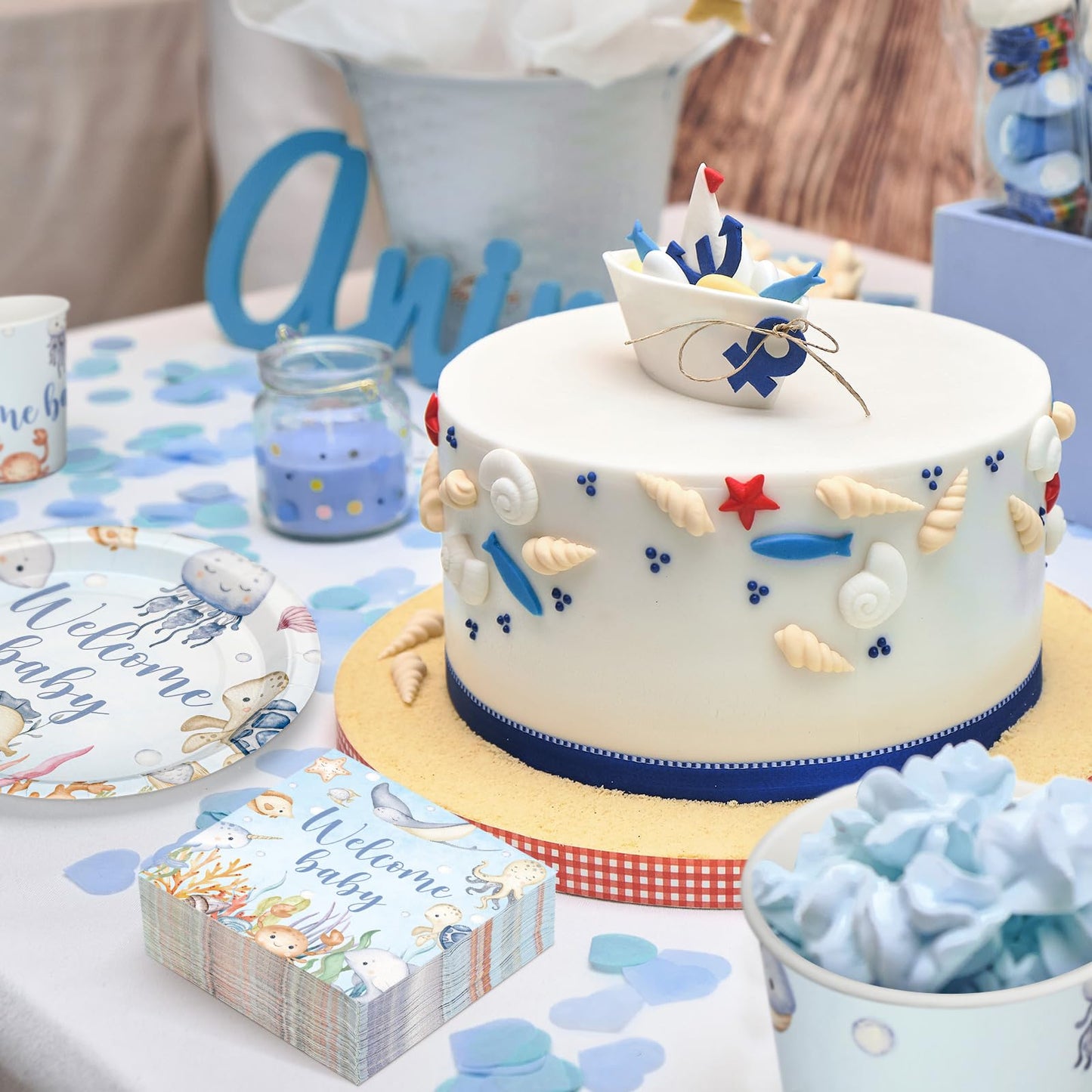 Hushee 200 Pcs Under the Sea Baby Shower Paper Plates Napkins Cups Baby Shower Party Supplies Tableware Set Disposable Cup Napki