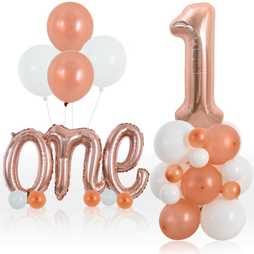 Toniful 27 Pcs 1St Birthday Balloons Set,40 Inch Rose Gold Number 1 Balloon Rose Gold One Letter Foil Balloon White Metallic Ros