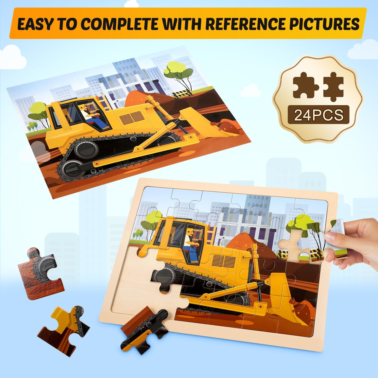 Wooden Vehicle Puzzles For Kids Age 3 4 5 Year Old, 4 Pack 24 Pcs Montessori Toddler Jigsaw Puzzles For Girl Boy Activities Pres