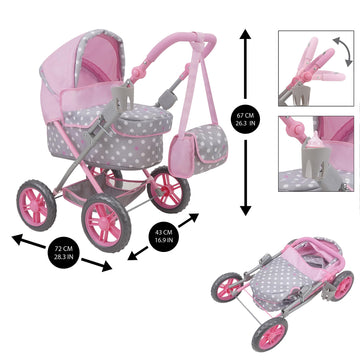509 Crew: Cotton Candy Pink: Amanda Doll Pram - Pink, Grey, Polka Dot - W/Matching Handbag, Foldable, Removable Bassinet, Kids P