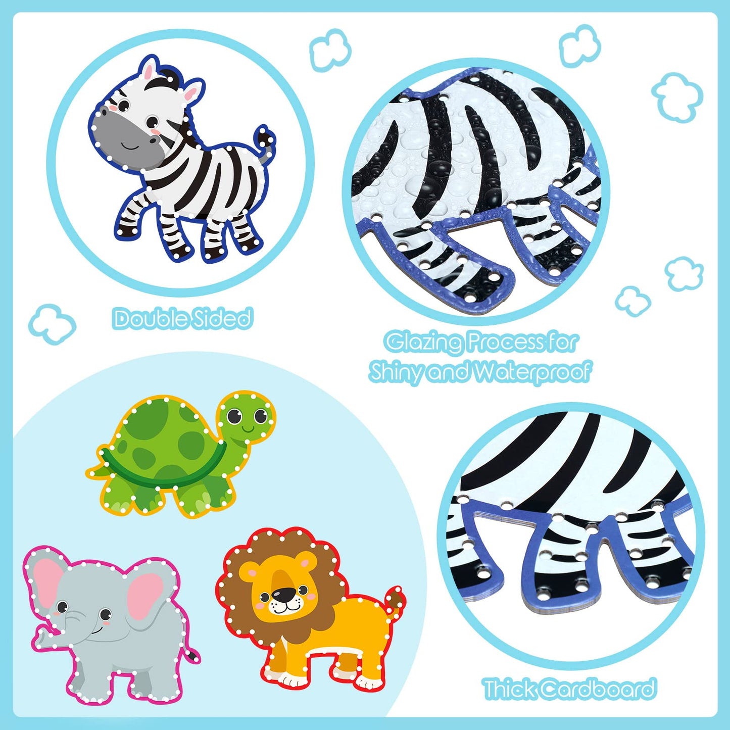 10 Pieces Kids Jungle Animal Lacing Cards Safari Animal Sewing Cards Thick Cardboard Double Sided Lacing Playing Games for Child
