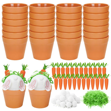 Gandeer 24 Sets DIY Easter Bunny Crafts Kit Include Mini Flowerpot Bunny Butt Tail Pompoms Carrot Foot Card Glue Raffia Rabbit C