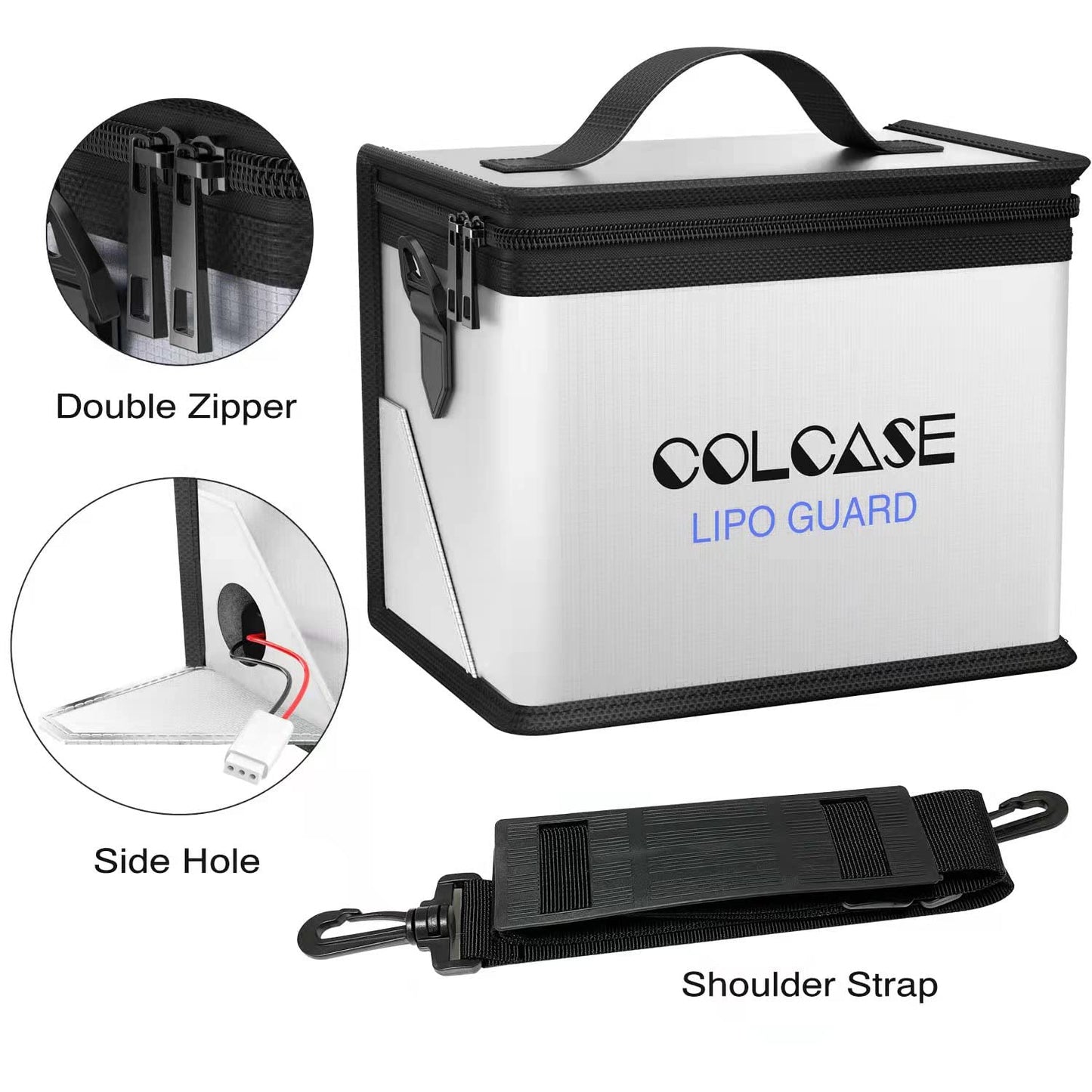 COLCASE Fireproof Lipo Battery Safe Bag, Double Zipper, Large Size 8.46x5.7x6.5 in, Sturdy Fiberglass, Silver, Model CL-Lip