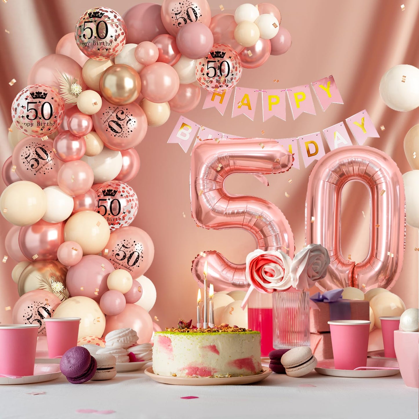 Dagelar Rose Gold 50th Birthday Decorations Kit - Balloon Arch, Number 50 Foil Balloons & Banner for Women’s 50th Party Celebration