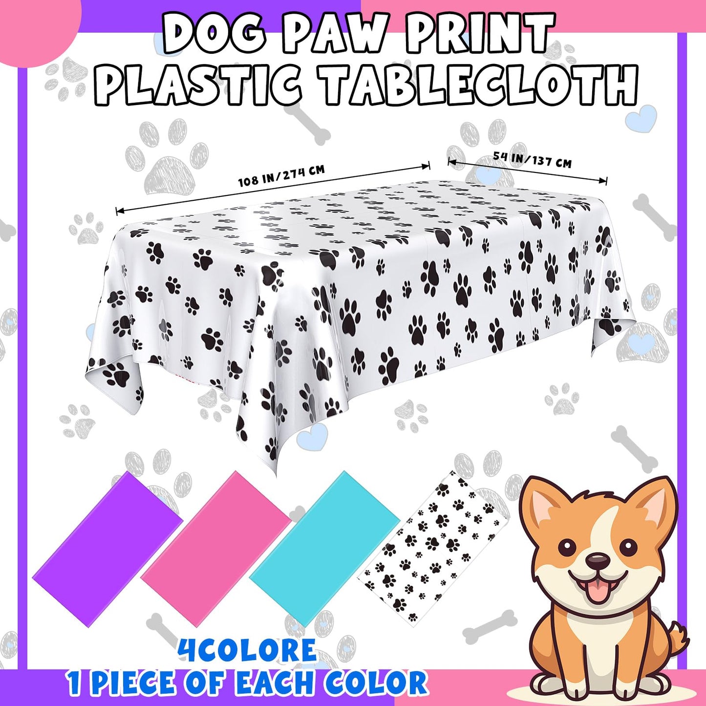Dunzoom 4 Pack Puppy Dog Pet Paw Print Plastic Tablecloth 54 x 108 Inches Purple Teal Pink Table Cover Paw Print Disposable Rect