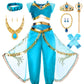 Akokvlar Girls Arabian Princess Costume Halloween Party Dress Up Outfits (Blue, 6-7 Years)