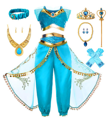 Akokvlar Girls Arabian Princess Costume Halloween Party Dress Up Outfits (Blue, 6-7 Years)