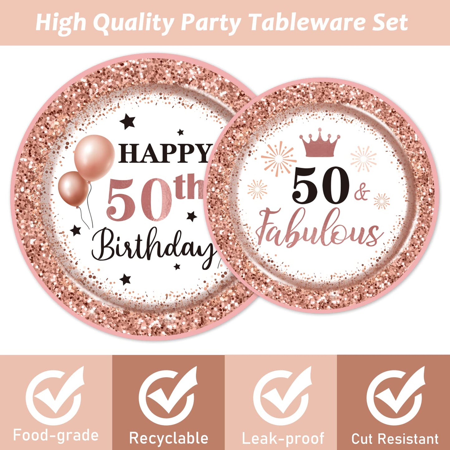 50 And Fabulous Birthday Decorations For 24 Guests,Rose Gold 50Th Birthday Plates And Napkins Tableware Set Disposable Fifty Bir