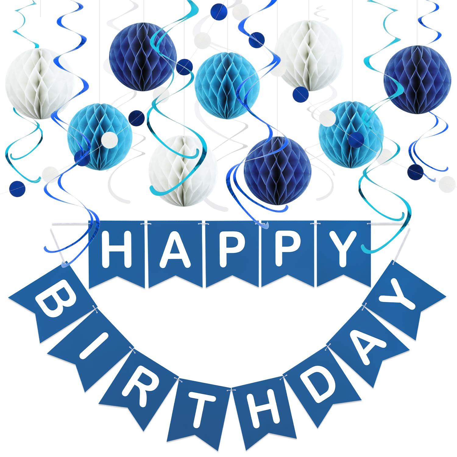 LITAUS, Birthday Decorations, NO DIY - Pack of 17 | Navy Blue Happy Birthday Banner, Honeycomb Balls, Swirls, Garland | Happy Bi