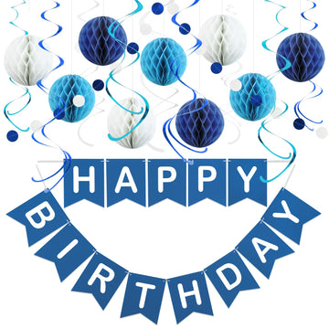 LITAUS, Birthday Decorations, NO DIY - Pack of 17 | Navy Blue Happy Birthday Banner, Honeycomb Balls, Swirls, Garland | Happy Bi