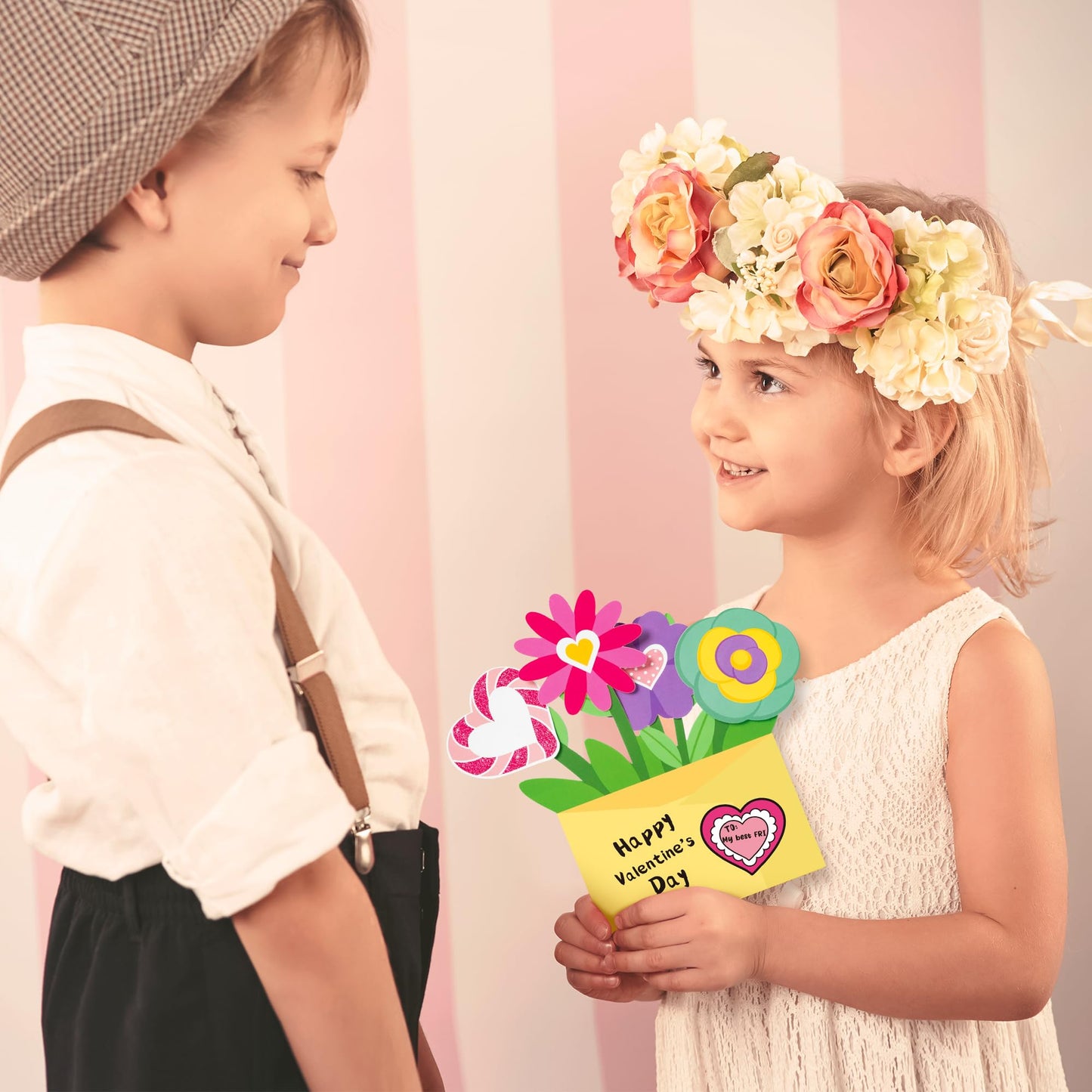 CY2SIDE Valentines Flower Pot Cutout - 28PCS DIY Valentines Day Craft Kit for Kids Make Your Own 3D Handmade Greeting Card Stan