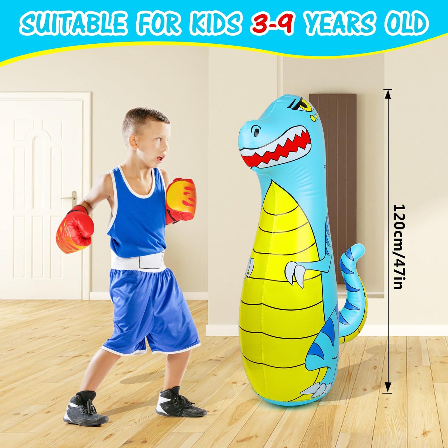 Eqard Punching Bag For Kids 47'' Inflatable Dinosaur Bop Bag With Thicker Material Instant Bounce Back With Boxing Gloves Karate