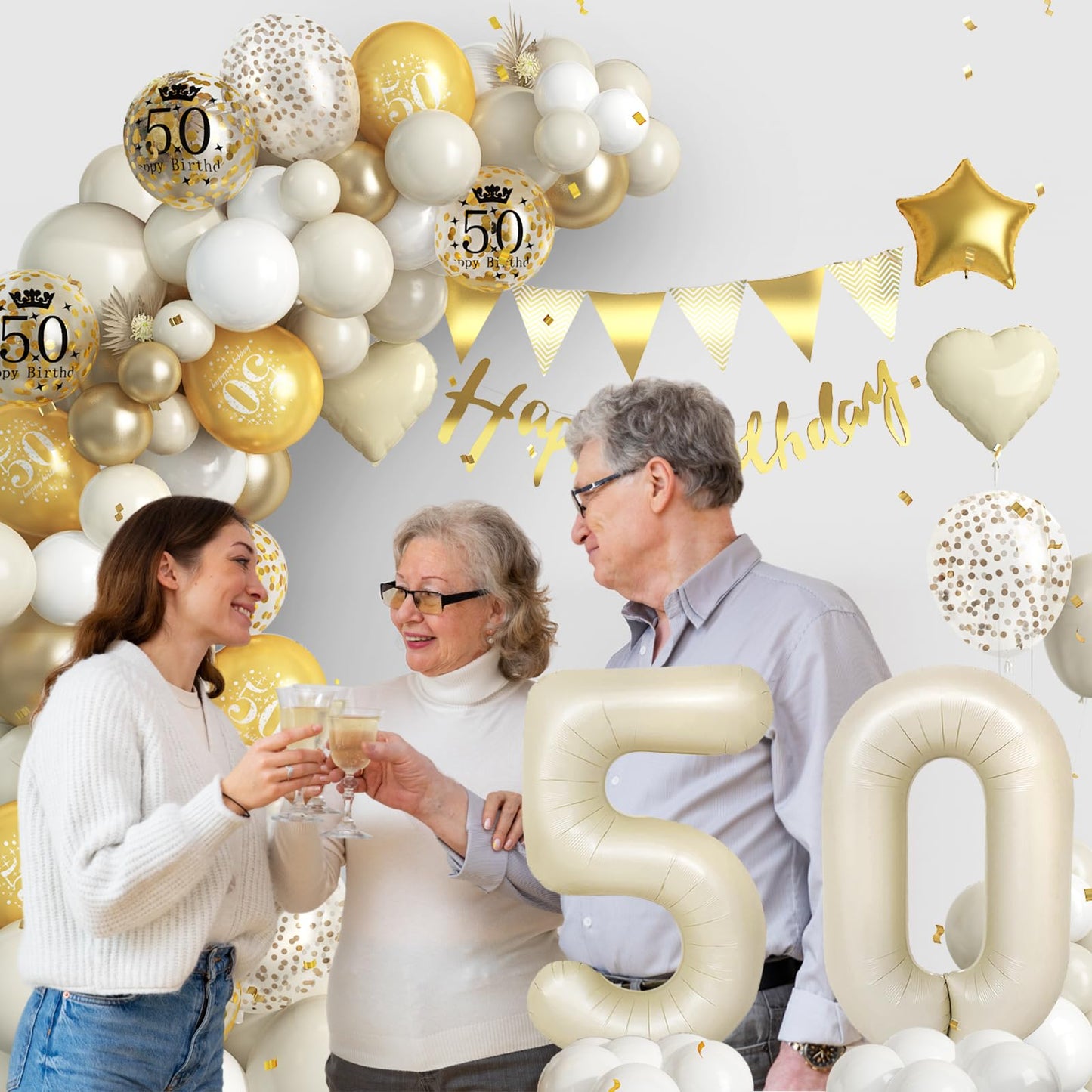 50Th Birthday Decorations Sand White Gold,50Th Birthday Balloon Arch Garland Kit With Happy 50Th Birthday Number 50 Foil Balloon