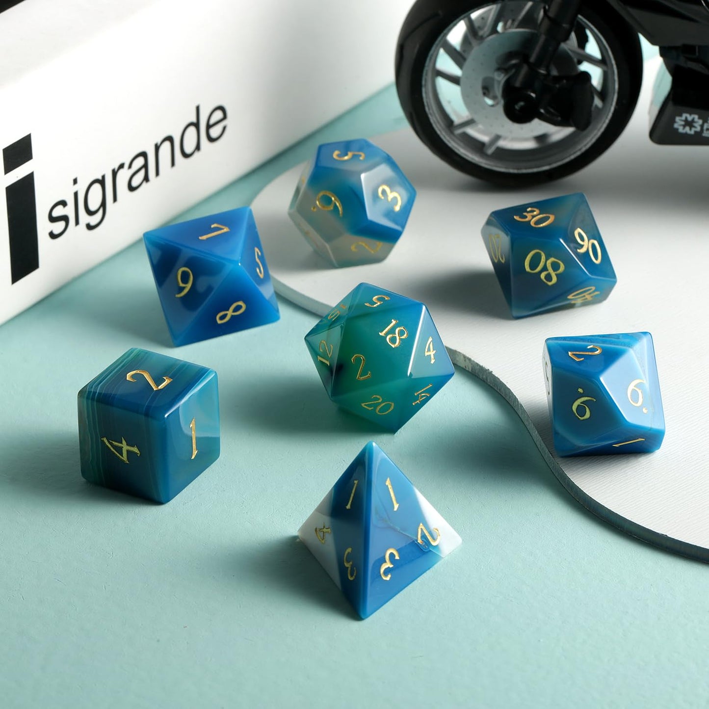 Aagte Dice Set D&D DNDND A Full Set of Stone DND Dice with Gorgeous Gift Case for Dungeons and Dragons Tabletop Game (Blue Agate