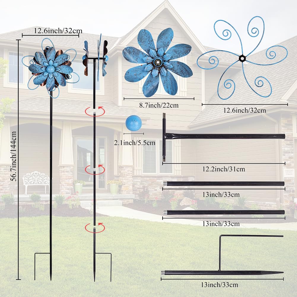 Venniy Wind Spinners Outdoor, Metal Flower Garden Pinwheels, Garden Wind Sculptures & Spinners For Yard Lawn Patio Decor - Blue