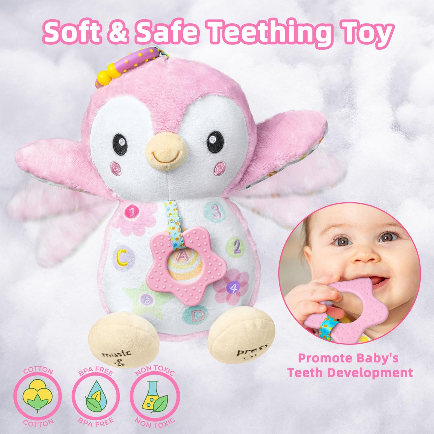 Fuzqq Baby Toys 0-6 Months,Musical Stuffed Animal Plush Toy,Textured Hanging Ring,Rattles & Crinkle Sound Paper,Tummy Time Toys