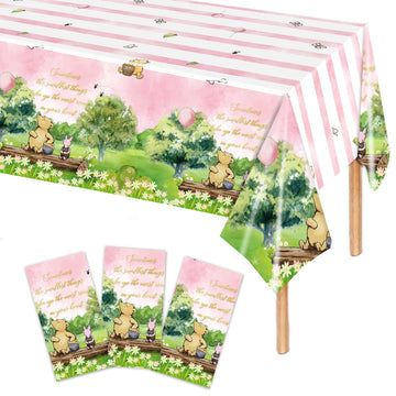 Auroraparty 3Pcs Girl Winnie Party Tablecloth Bear Baby Shower Table Cover Pink Sky Plastic Disposable Rectangle Tablecloth Oh B