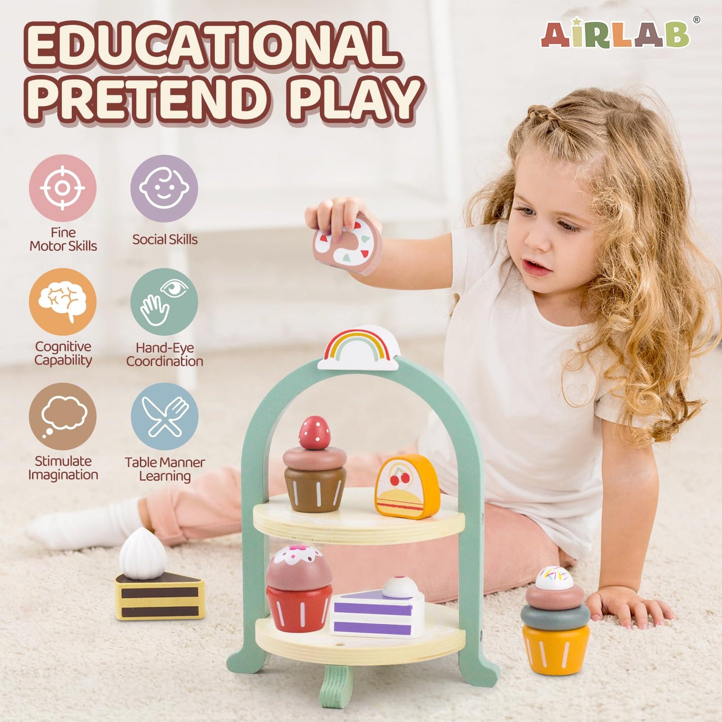 Wooden Cake Toys Tea Party Set, Desserts Food Toy with Cupcake Stand, Kids Pretend Play Kitchen Accessories, Wooden Play Food Se