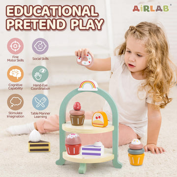 Wooden Cake Toys Tea Party Set, Desserts Food Toy with Cupcake Stand, Kids Pretend Play Kitchen Accessories, Wooden Play Food Se