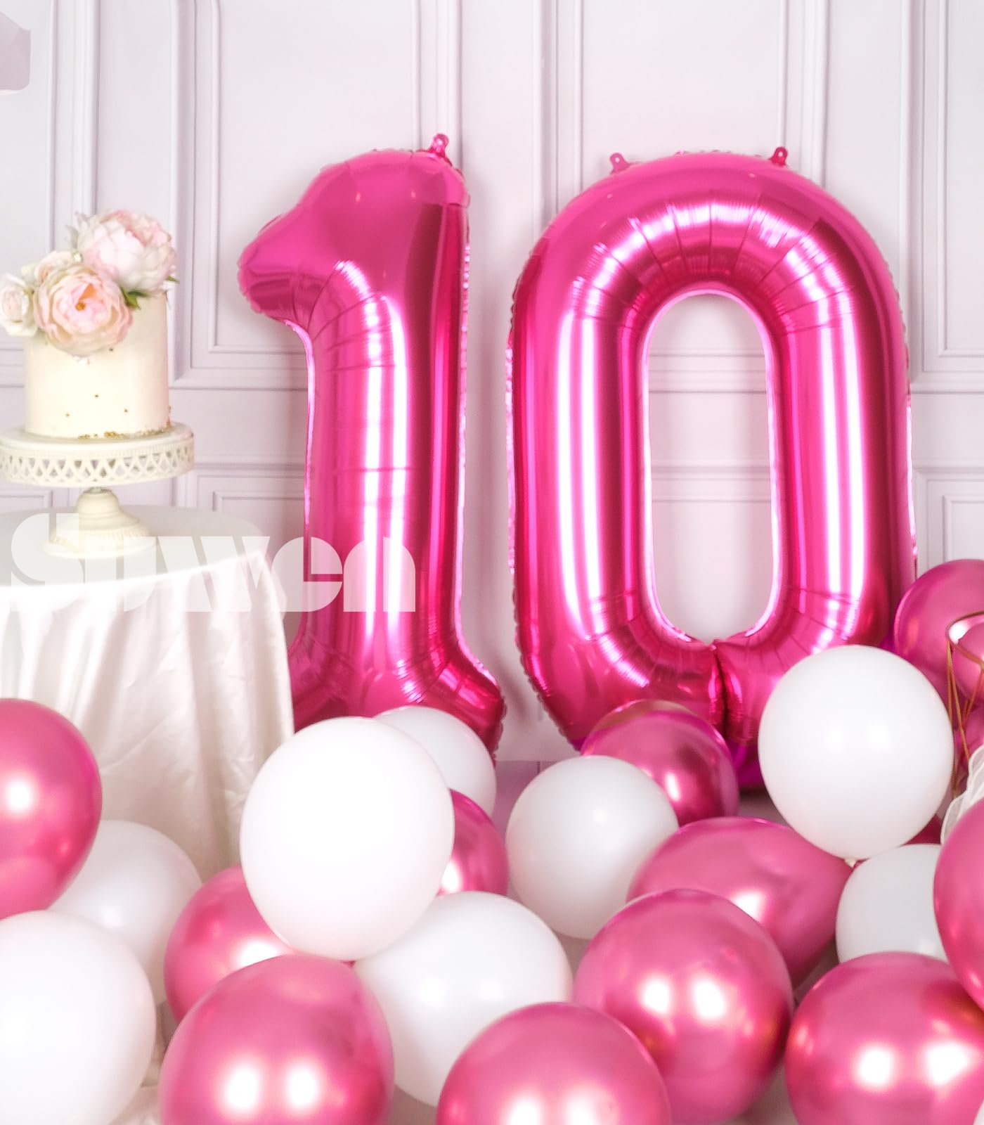 Suwen 40 Inch Hot Pink Large 10 Balloon Numbers Big Foil Helium Number Balloons 0-9 Jumbo Happy 10Th Mylar Birthday Party Decora
