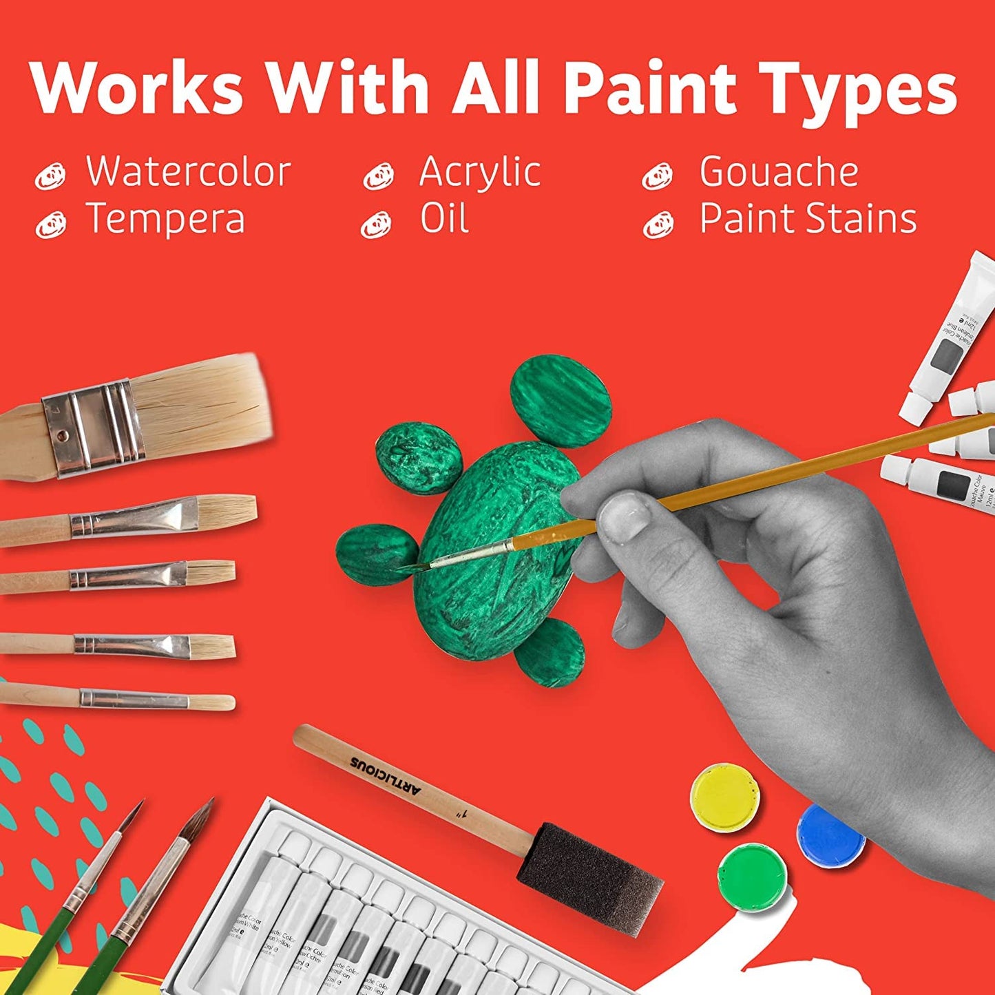 Artlicious Paint Brushes - Acrylic Paint Set and Detail Paint Brushes for Kids - Use with Craft, Watercolor, Oil, Gouache Paints