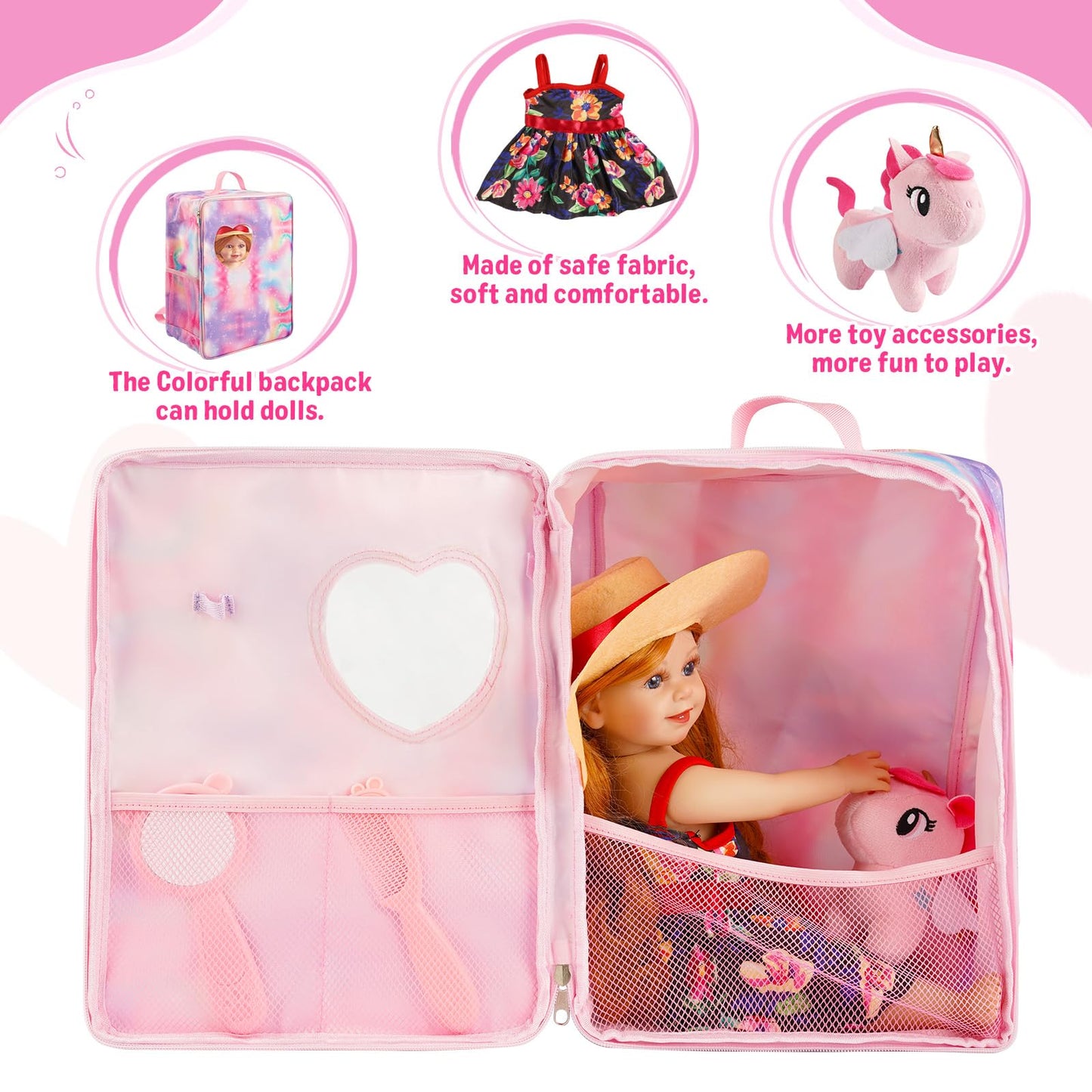 Babeside 18 Inch Doll Clothes And Accessories With Doll Bag For 18 Inch Baby Dolls Girl, 7 Pcs Dolls Clothes With Hat Comb Mirro