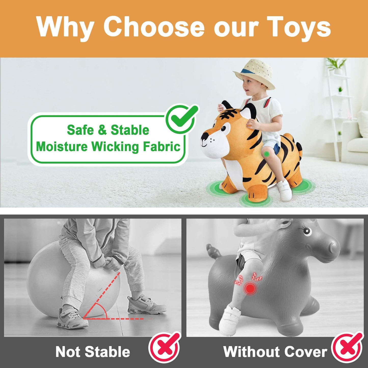 iPlay, iLearn Bouncy Pals Tiger Hopper Toy - Large Inflatable Plush Ride-On Bouncer for Kids, Yellow, Indoor/Outdoor Fun, Ages 2-6