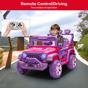 Modern-Depo 12V Kids Ride On Car Unicorn Truck With Diy Stickers, Manual/Remote Control Electric Car With Led Lights, 2 Motors, 2 Speeds, Openable Doors, Spring Suspension, Music Player, Purple / Pink