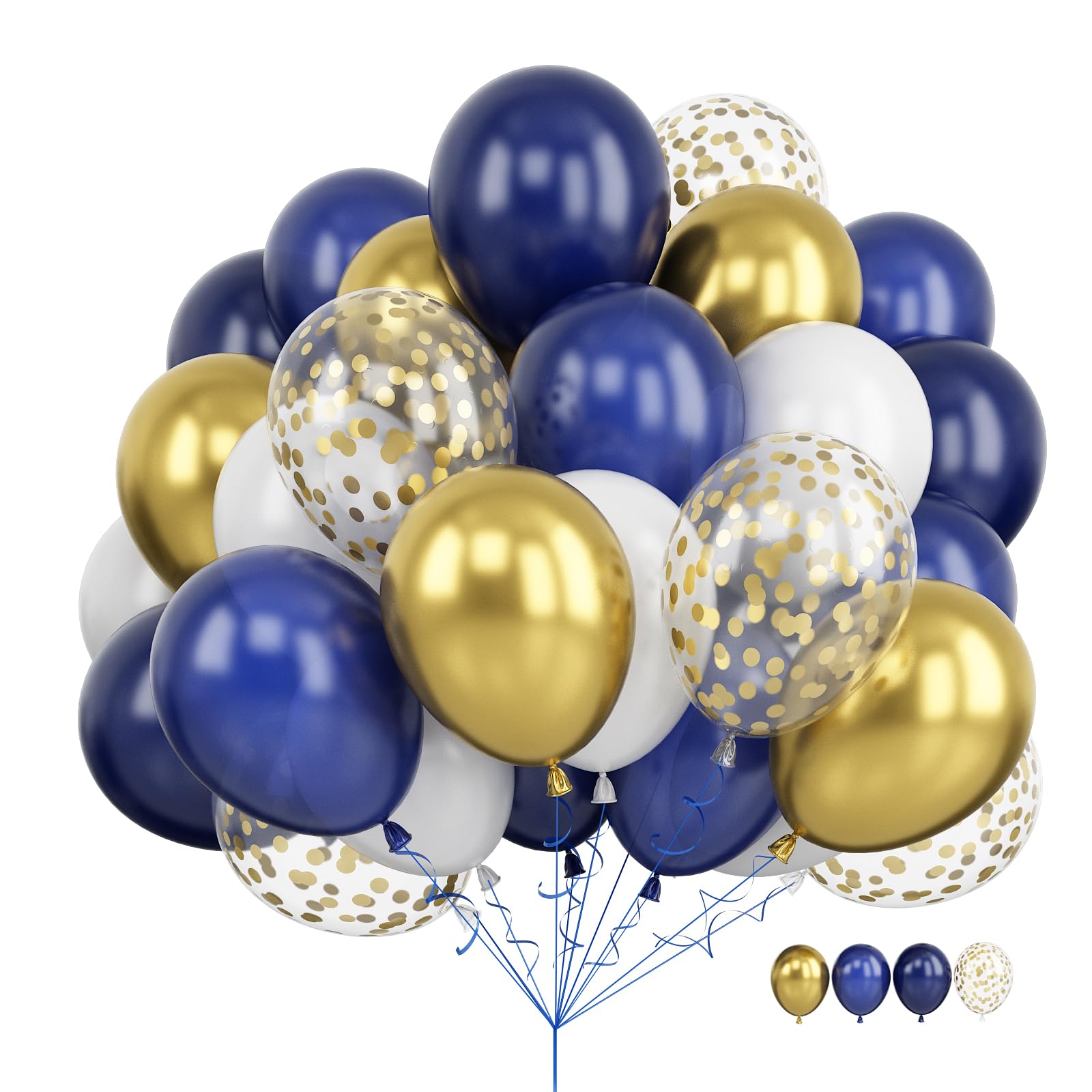 Navy Blue And Gold Balloons, 60 Packs 12 Inch Navy Blue And Metallic Chrome Gold Confetti Balloons With Ribbons For Birthday, We