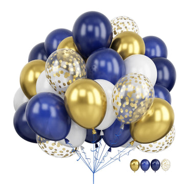 Navy Blue And Gold Balloons, 60 Packs 12 Inch Navy Blue And Metallic Chrome Gold Confetti Balloons With Ribbons For Birthday, We