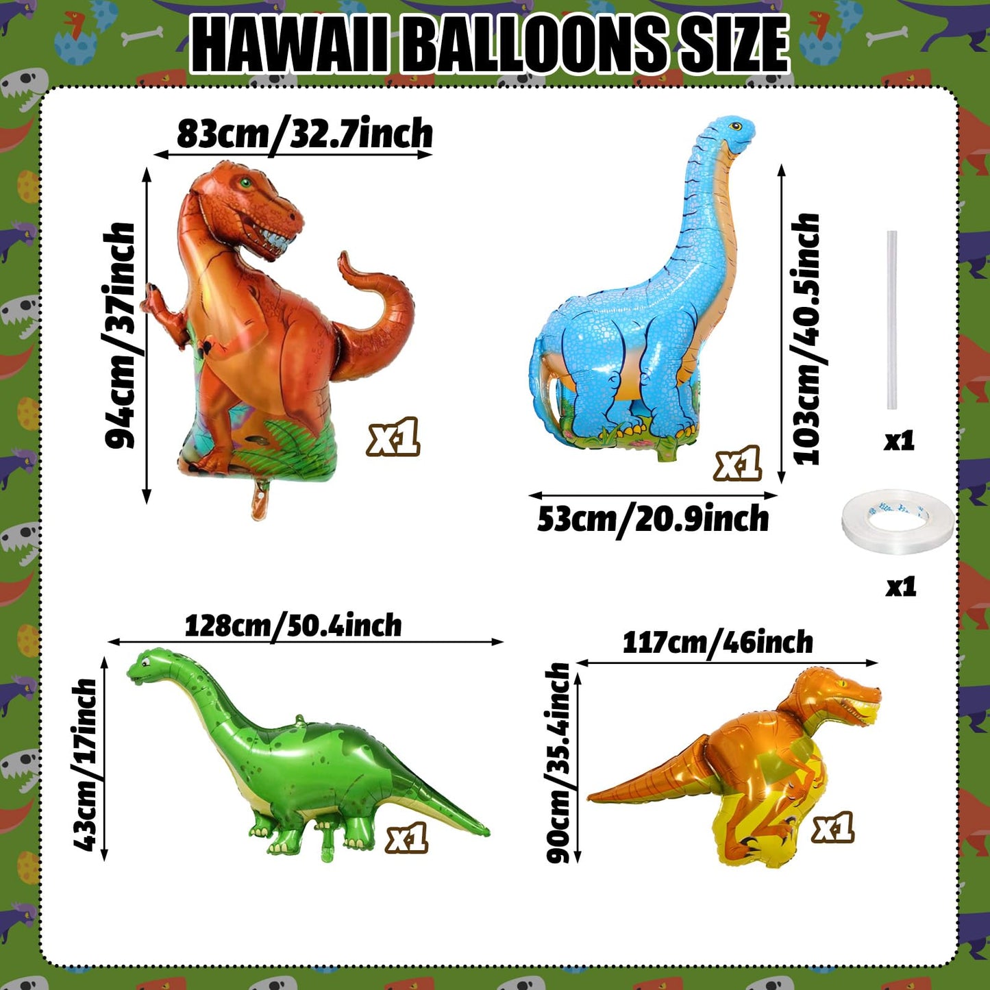 Dinosaur Foil Balloons Set (35-50 In), 6 Pieces Large Dinosaur Mylar Helium Balloons For Kids, Giant Cute Dinosaur Birthday Part