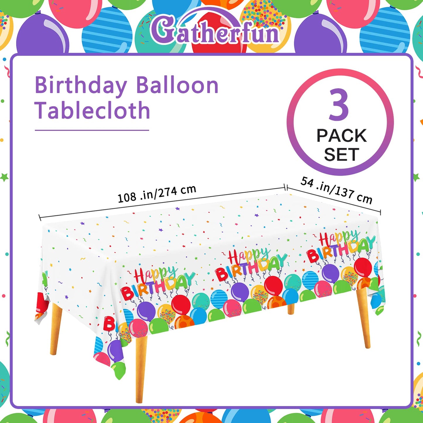 Gatherfun Birthday Disposable Tablecloth, Plastic Table Cover for Kids Birthday Party, 54   x108   , 3 PCS