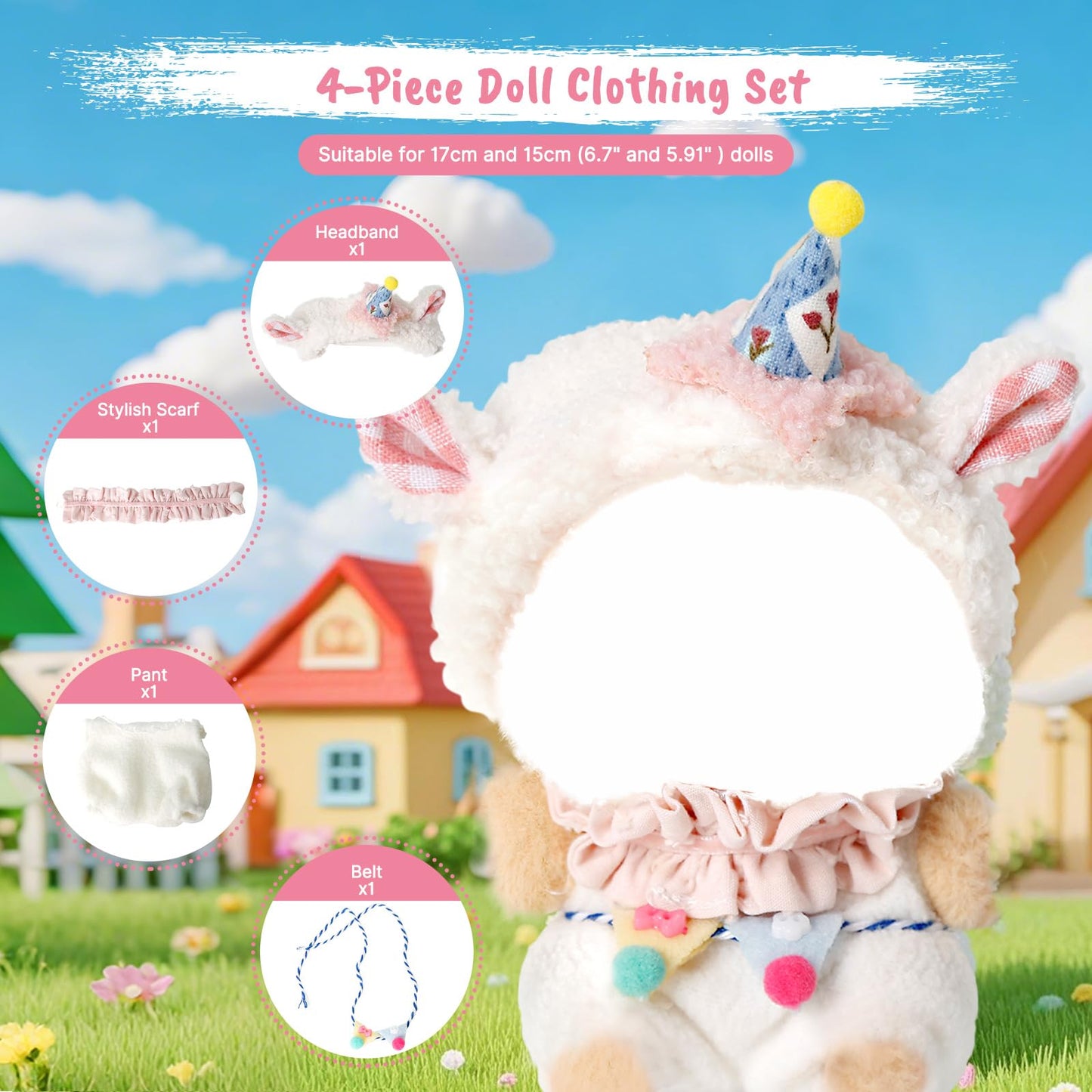 OCQOTAT 4 PCS Clothes for Doll- Clothes for 17cm Dolls Outfit Accessories Clothes +Headband + Scarf + Belt (No Doll)