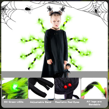 Garma Halloween Giant Spider Costume Set - LED Light-Up Backpack, Plush Headband, Large, Green for Kids Party & Trick or Treating
