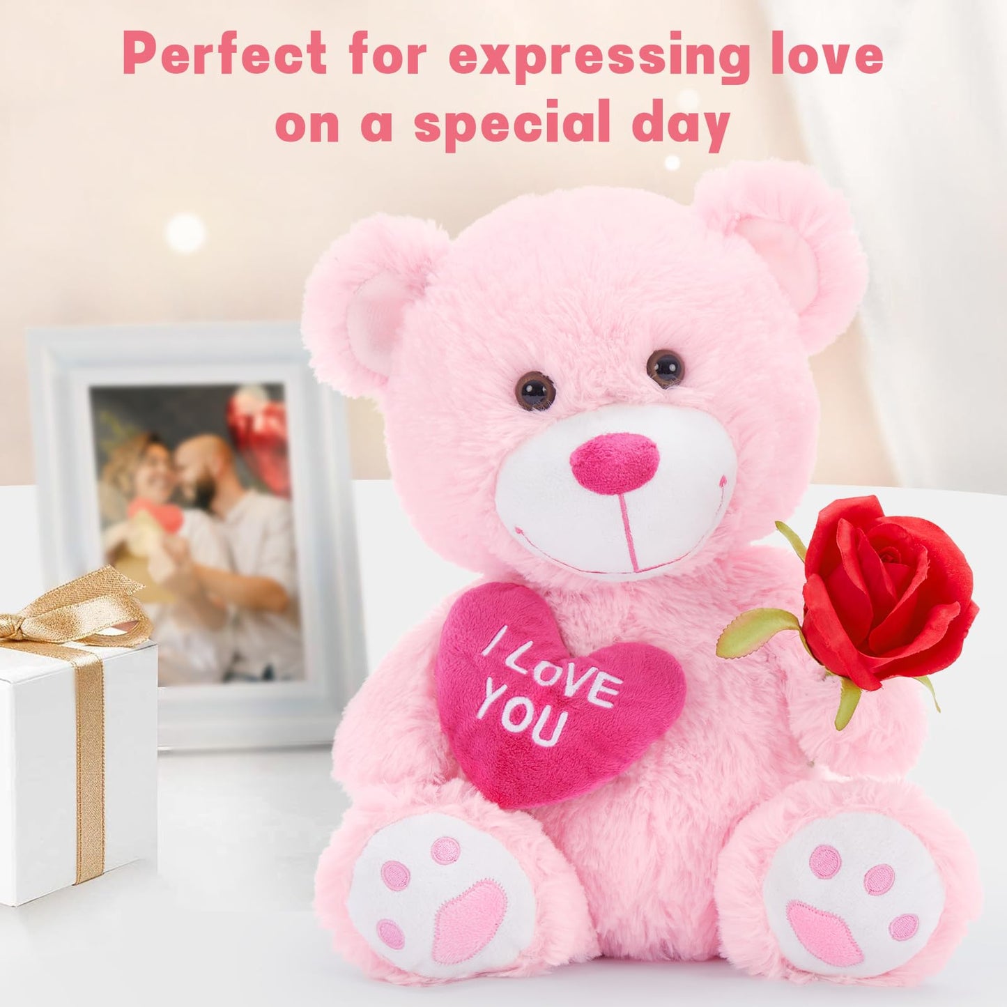 Maogolan Small Teddy Bear With Red Heart, I Love You Valentines Teddy Bear Stuffed Animal Pink,Velvet Red Heart Bear Gift For Ki
