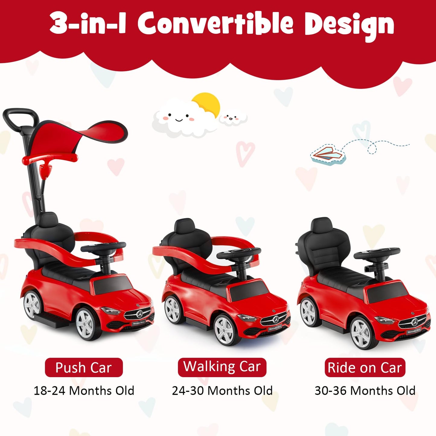 HONEY JOY Ride On Push Car  Licensed Mercedes-Benz Push Cars for Toddlers  Adjustable Canopy & Seat Storage  Horn  Toddler Push Car with Handle  Ride On Toy for Boys Girls(Red)