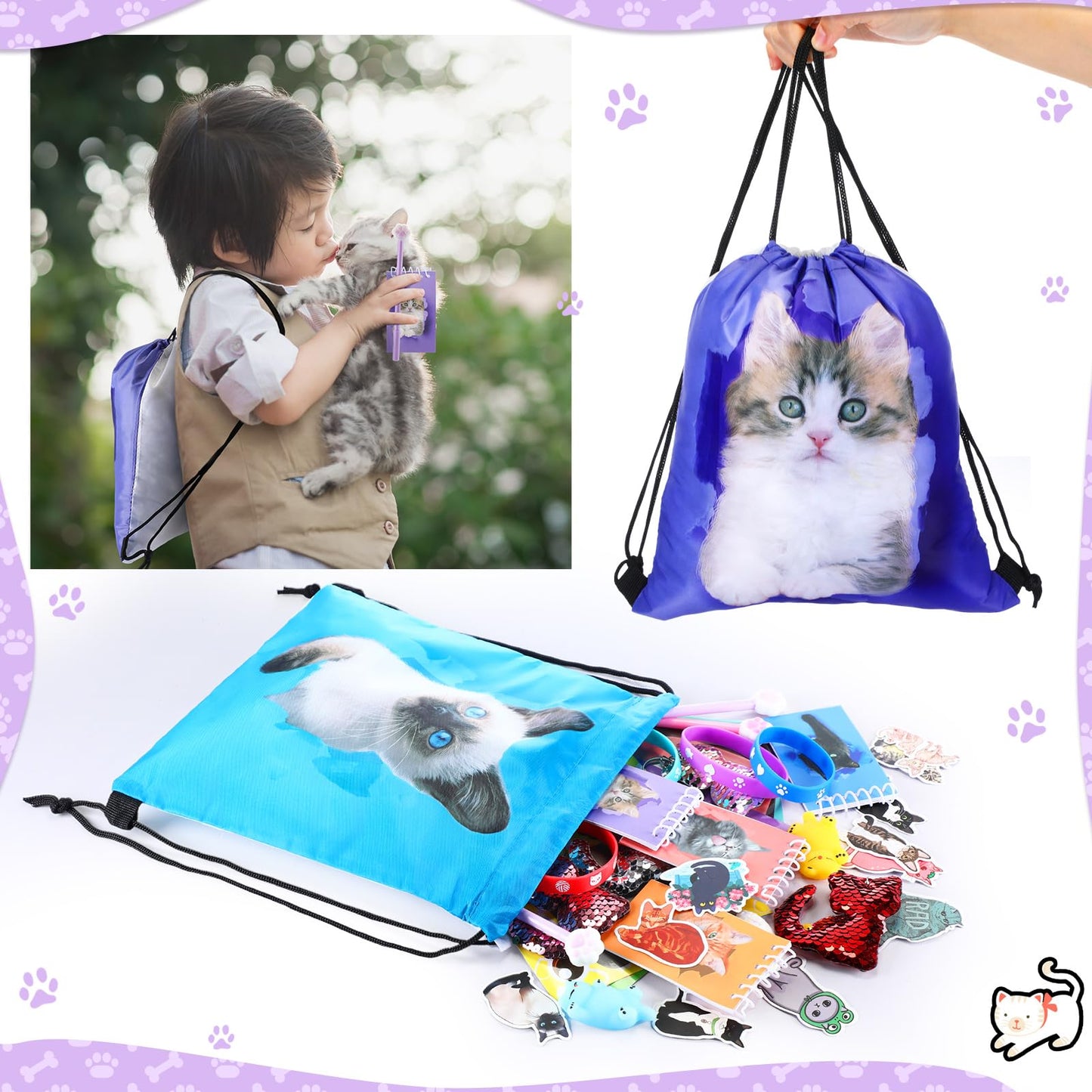 Jerify 91 Pcs Cat Birthday Party Favors Decoration Cat Party favor bags Fillers Drawstring Backpack Bracelets Squeeze Kids Toys